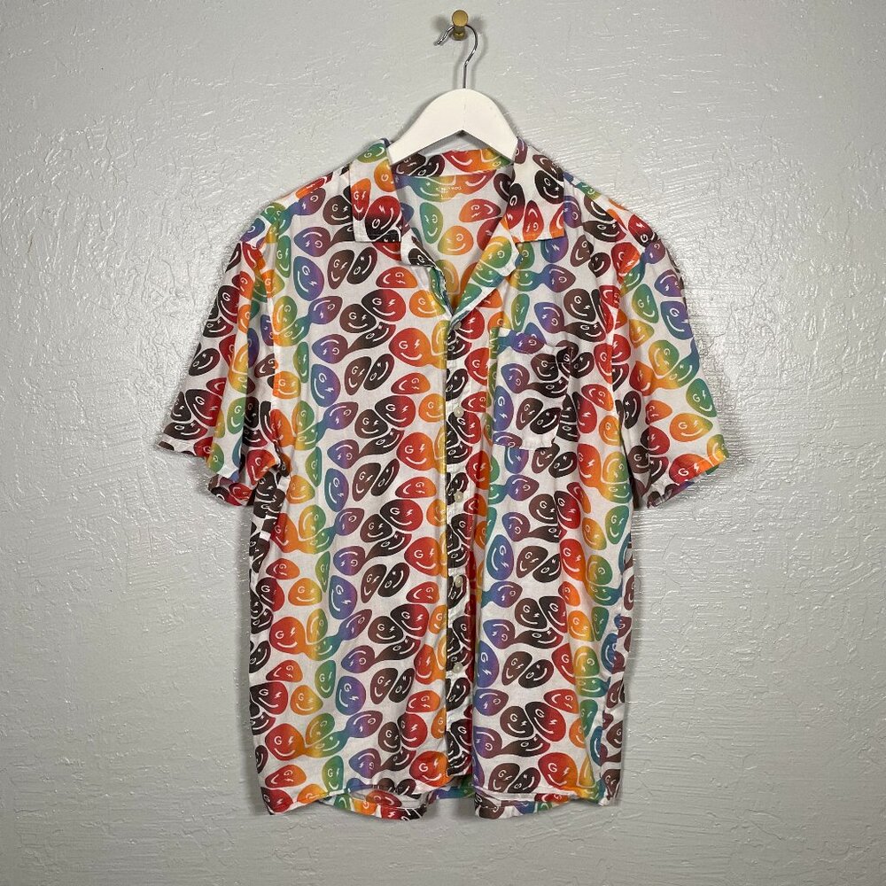 GILLY HICKS Men L Rainbow Smiley Faces Sleep Pajama Shirt Cotton Button Up